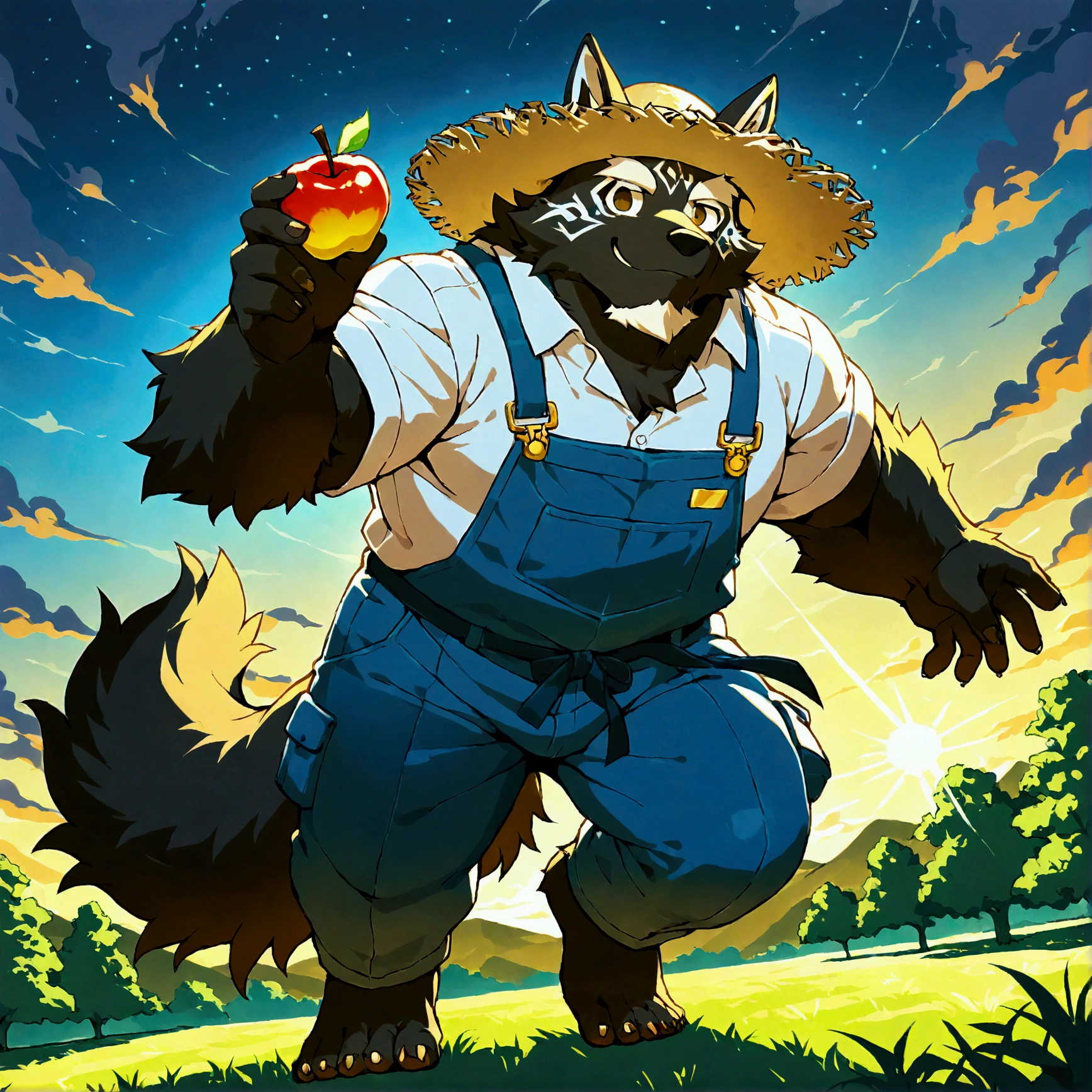 character focus, full body, looking away, dynamic angle, farmer, a middle-aged akita inu man, full body in Michelangelo Buonarroti style, housamo style, digital illustration anime, niji6, BREAK happy, little smile, working were clothes, straw hat, shirt, pants, sweet apple, harvesting fruits, dynamic pose, detailed painting landscape, morning, a grove of trees wordnet, tall sweet apple trees, outdoor, full color, HDR, BREAK complete anatomy, perfect proportions, beautiful thigh gap, fluffy body, intricate fur details, beautiful fur texture, BREAK (a detailed akita inu 1tail), detailed toe, 5toes, 5toes nails, beautiful foot, detailed hands, 5fingers, 5fingers nails, BREAK anime face, insanity detailed face, male face, big face, square jawline, anime intense eyes, detailed brown eyes, detailed brown cornea, detailed dark brown irises, detailed pupils, male eyes, male eyebrows, beautiful beard, BREAK masterpiece, official art, best quality, very aesthetic, absurdres, super fine illustration, great quality, BREAK noise reduction, very highres, large filesize, high quality, 32K, 8k wallpaper, dynamic lighting, BREAK insanity detailed, ultra detailed, intricate details, extremely detailed, detailed texture, an extremely delicate and beautiful, BREAK e621 illustration, osukemo, kemohomo, anthropomorphic, furry, harmonious body, pastoral face, virtuous eyes, harvesting atmosphere