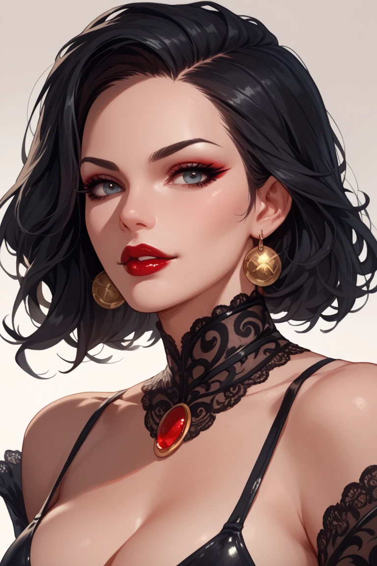 1 hot woman, airhead but very intelligent, red eyes,pale skin , curly black hair, dark mage,dimples and a hooked nose,pretty neckline,dark dress.His ears are pierced with multiple silver rings,with an enigmatic face and a mysterious smile,.manga style line, with a touch of sensuality.comics