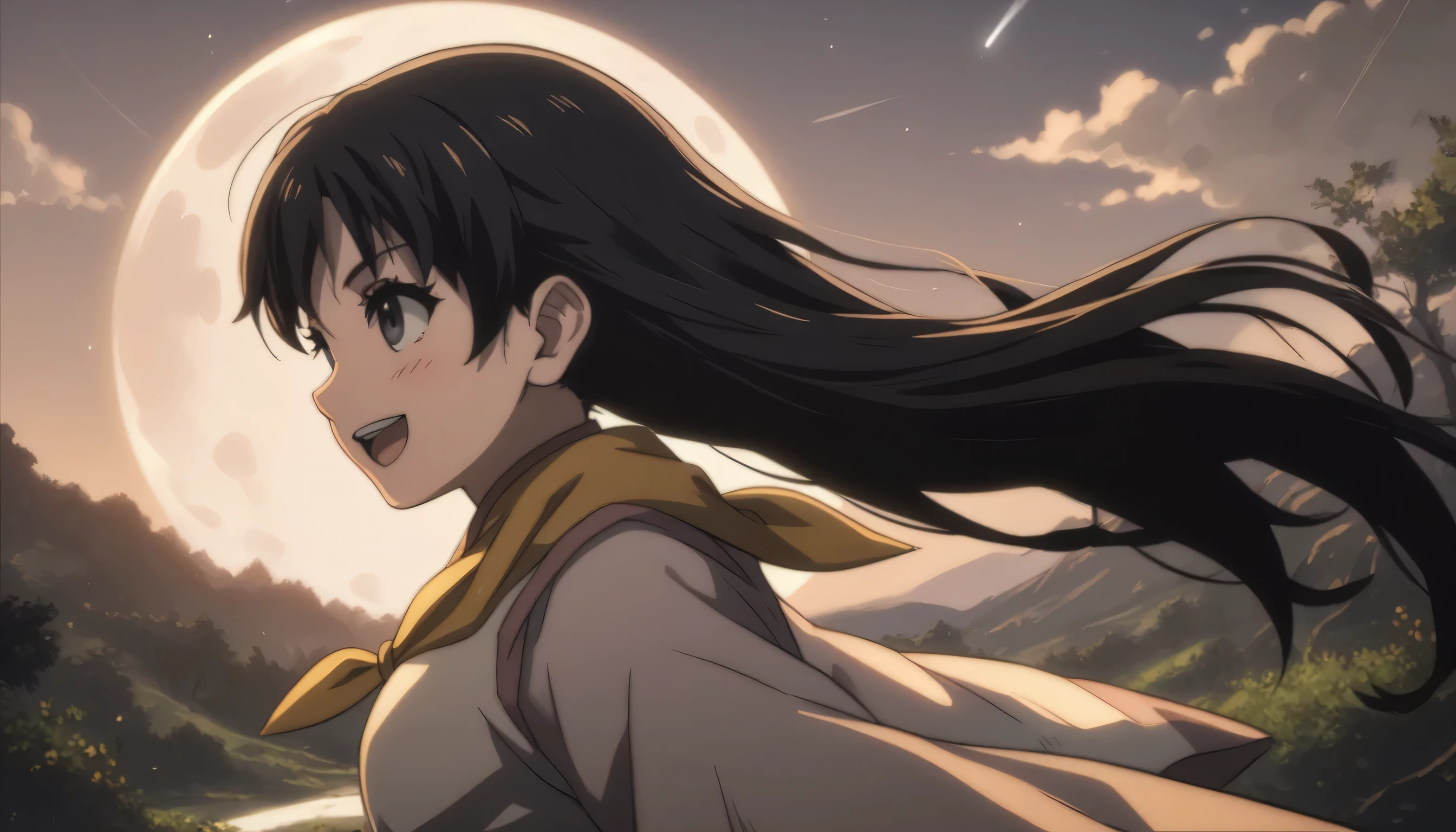 score_9, score_8_up, score_7_up, gsfghtr, multicolored robe, neckerchief, black hair, (long straight hair), (facing right), cinematic Lighting, 1girl,solo,blush,smile, open mouth,Valley with Flowing River, moon, shooting stars, from right side