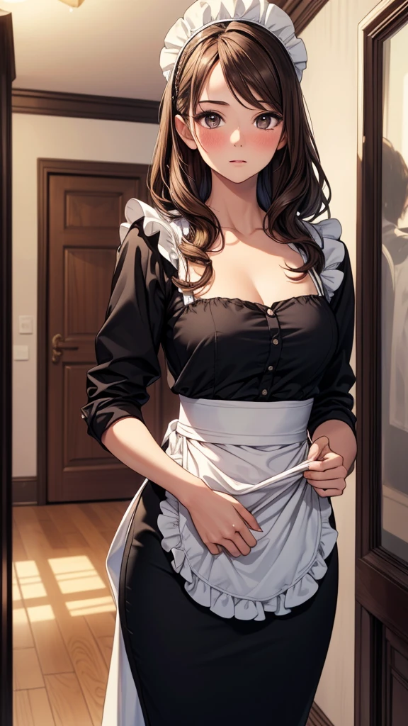 Woman with short brown hair blue eyes firm body perfect breasts black maid uniform white apron happy face standing