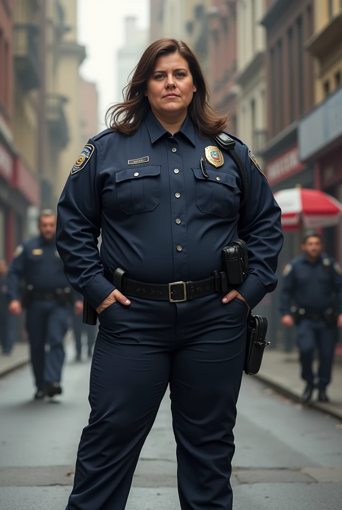 In the business district、A pregnant woman in her final month of pregnancy wearing a police uniform、in labor、Are standing