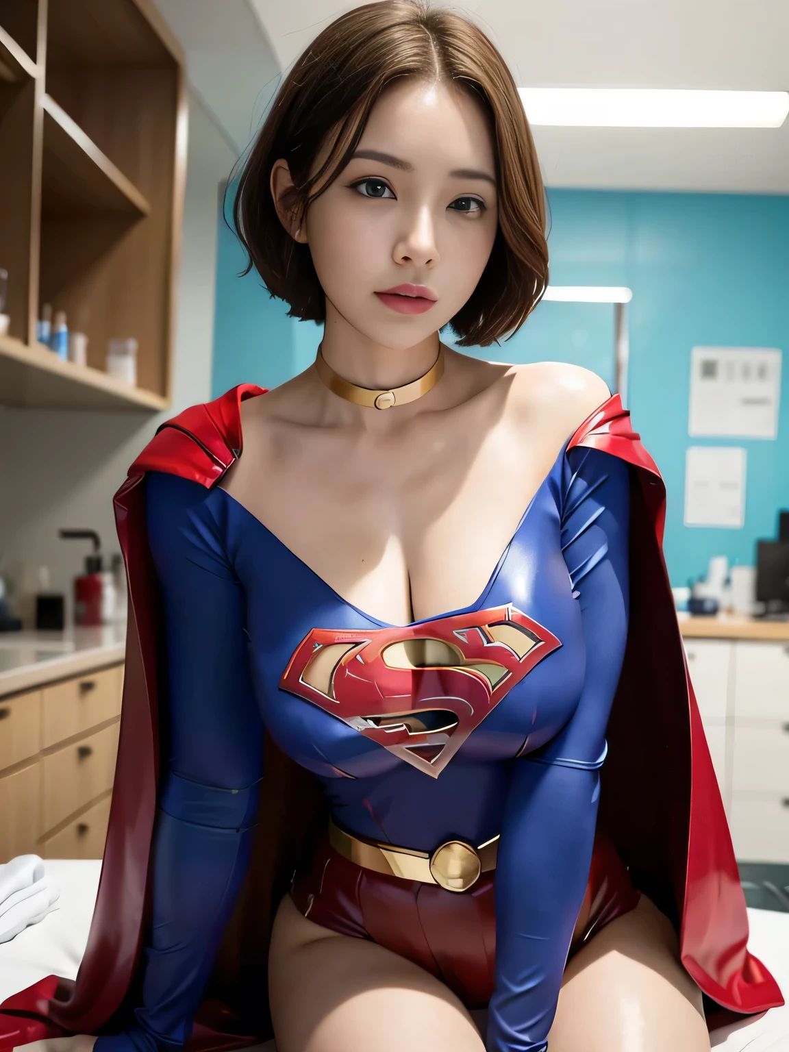 masterpiece、supergirl costume、short hair、barefoot、big and full breasts、Research room、operating table、Overreaching、Oily Skin、shiny、look at the camera、Sexy poses to seduce、model body shape、choker、long sleeve、red mini skirt、Cowgirl、Estrus、sweaty、Radical、off shoulder、Glamorous、charm、charming、healthy、