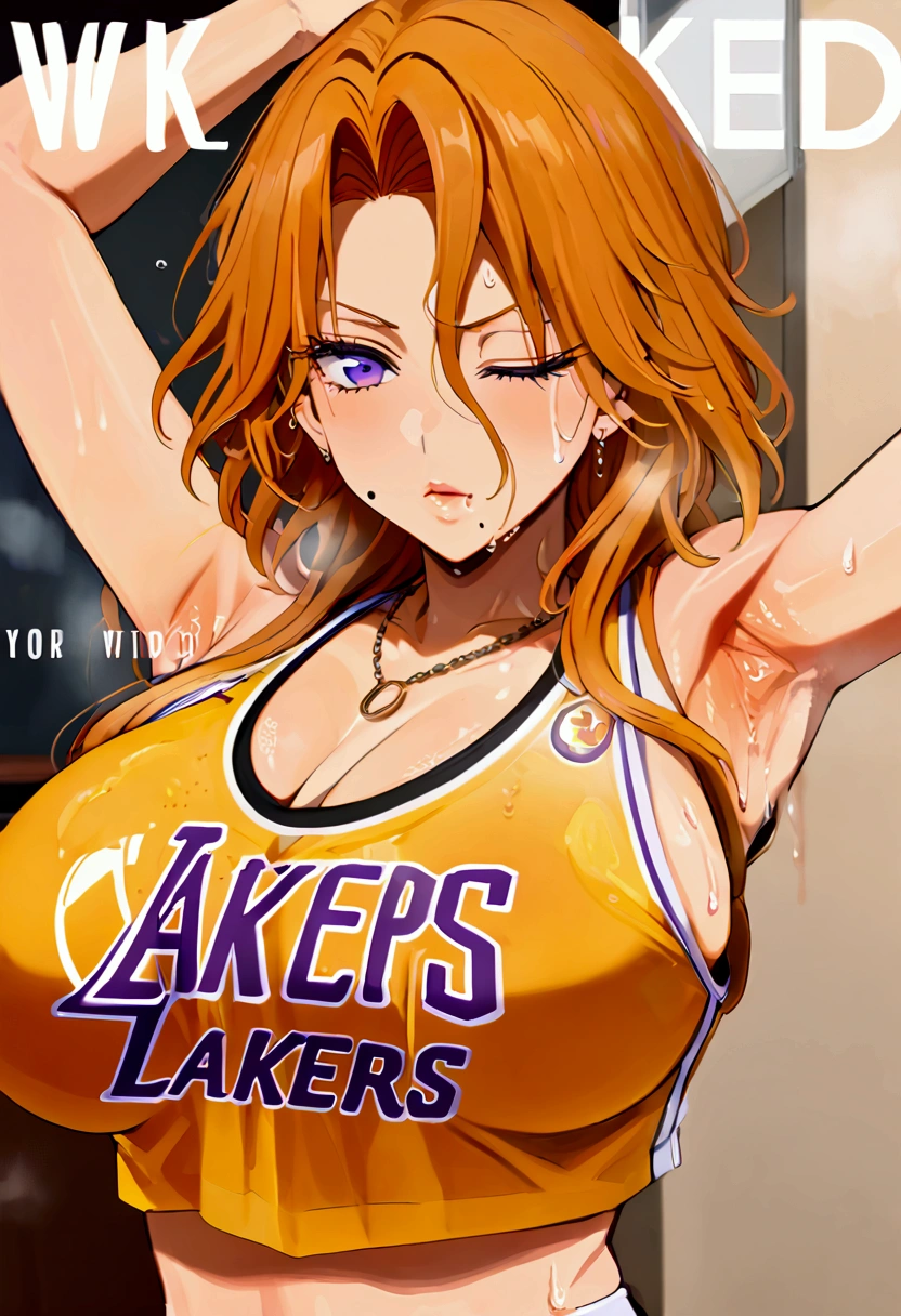 Rangiku, short hair, orange hair, blue eyes, hair between eyes, mole under the mouth, necklace, wearing a yellow nba jersey, yellow Croptop NBA jersey, wearing a low cut crop top, wearing crop top, crop top, the words "Lakers" written on the crop top, golden ratio, (winking), shirobako, large)}], favorite scene, fine details. Anime. Skins, sweating, big breasts, both hands raised, armpits, armpits visible, dripping with sweat, more sweat, sweaty armpits, blacked cover, top text