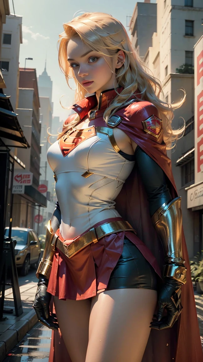 (Best quality)), ((Masterpiece)), ((Realistic)), (Detailed), Detailed face,supergirl Beautiful woman (20 years old, Long blonde hair, Blue eyes) Defined body, Detailed, using tube dress cosplay supergirl suite,(((Huge breasts)))