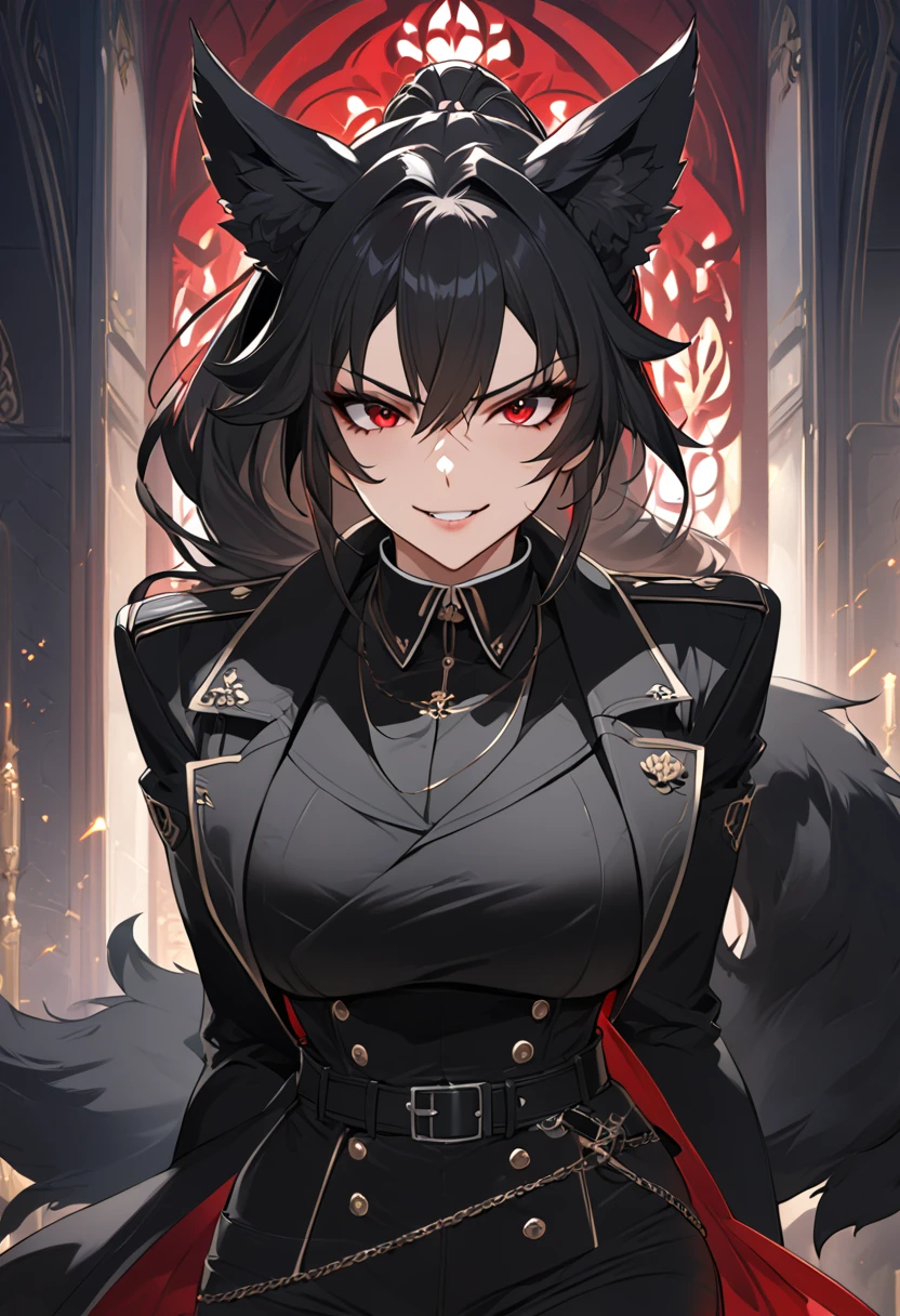 beautiful anime woman wearing a black military trench coat, tight black jeans pants, wolf ears, wolf tail, half wolf and half human, red eye color, black hair in a ponytail, light novel art, detailed anime art, anime, regal, royal, sexy, thicc, beautiful feminine facial features, flirtatious, sultry, slutty, petite, sharp canines, aheago, villain, all black clothing, high quality, very detailed anime art, feminine, slender face, military general vibes, pretty girl, good lighting, close up shot of face, red highlights, lewd smile, cute, mischievous sexy girl, naughty wolf girl, horny aheago expression 