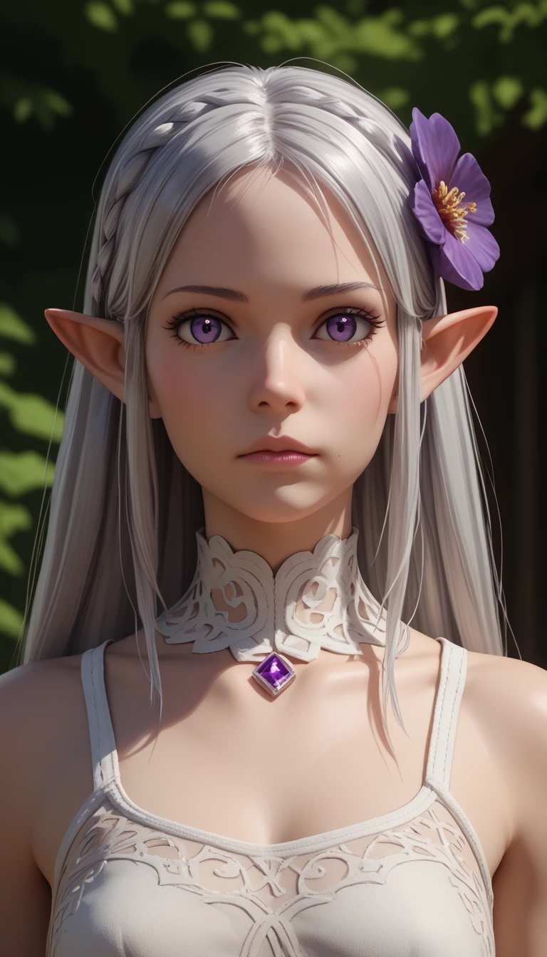 1girl, silver hair, purple eyes, pointy ears, hair flower, detailed, realistic, 3d