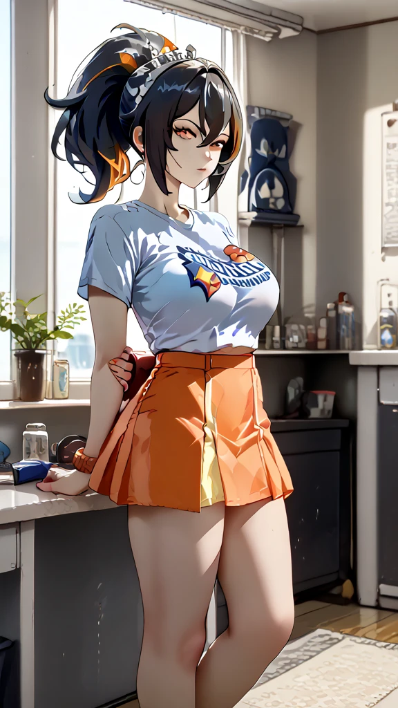 ((best quality)), masterpiece,A full-body depiction of Zhu Yuan from Zenless Zone Zero, with ponytail hair featuring black hair, STREAKED HAIR AT THE MIDDLE HAIR. She possesses a perfect body with notably large breasts, standing upright and making direct eye contact with the viewer. Zhu Yuan is dressed in an orange slim-fit t-shirt and a skirt, with her arms elegantly positioned behind her back, showcasing long, enticing legs.