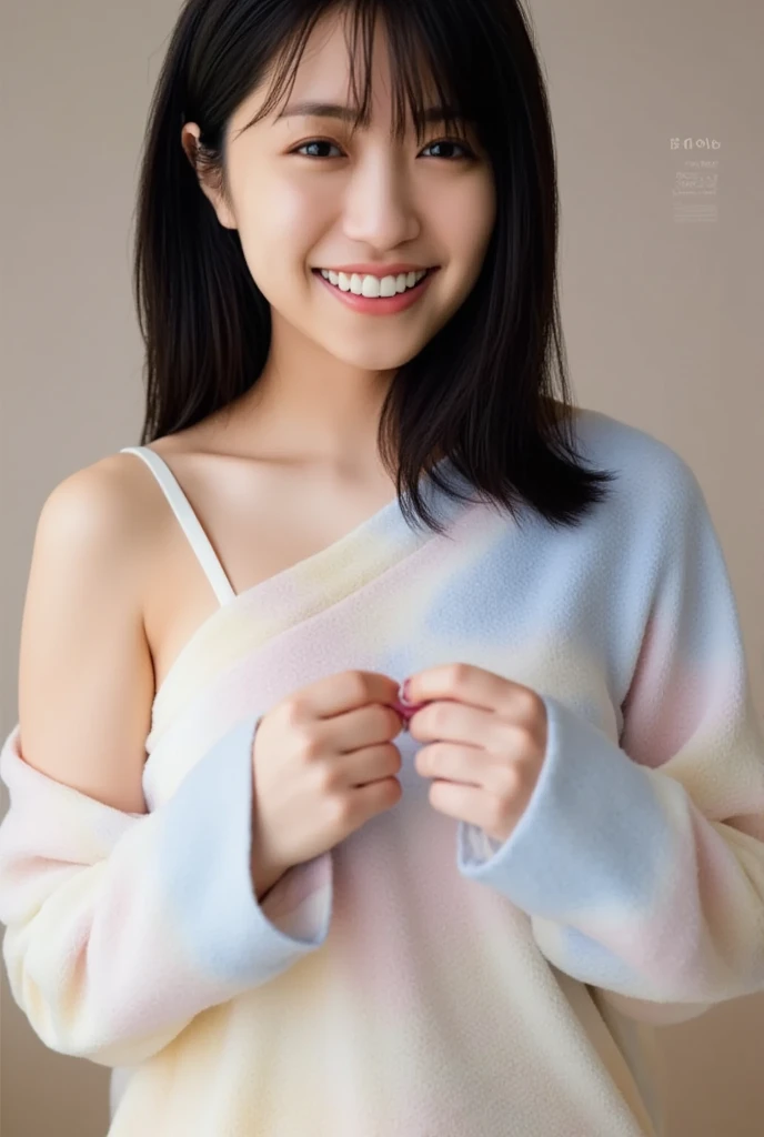 A smiling woman poses alone wearing one-shoulder pajamas in pastel colors that convey warmth simply by touching them softly and softly, making a firm, large heart shape with both hands, and holding them in front of her chest, View above collarbone、The background is a monotone 、
