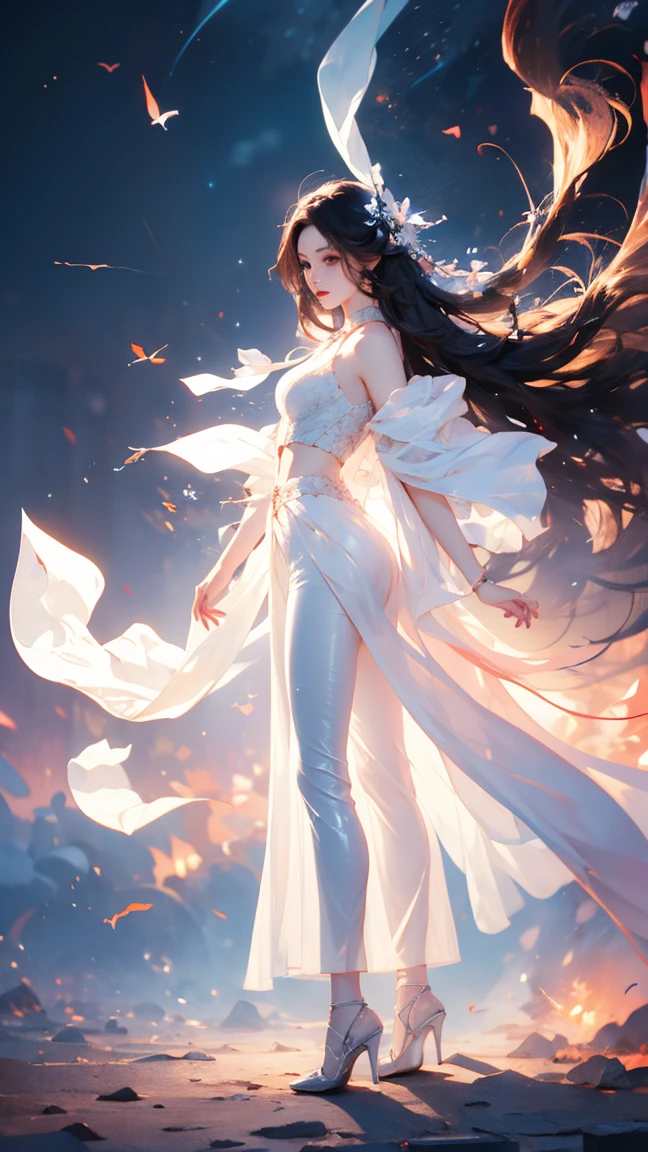 masterpiece,  Beautiful Urban Female Model,  Full body white transparent clothing ， standing in the open night sky , Disappearing transparent pants ,  full body standing on the forehead , Tall people,  Slim Legs ,   Face Detail  , Detailed Body Part Details , 8k wallpaper