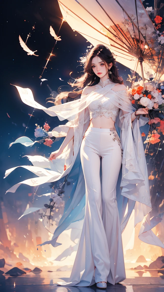 masterpiece,  Beautiful Urban Female Model,  Full body white transparent clothing ， standing in the open night sky , Disappearing transparent pants ,  full body standing on the forehead , Tall people,  Slim Legs ,   Face Detail  , Detailed Body Part Details , 8k wallpaper