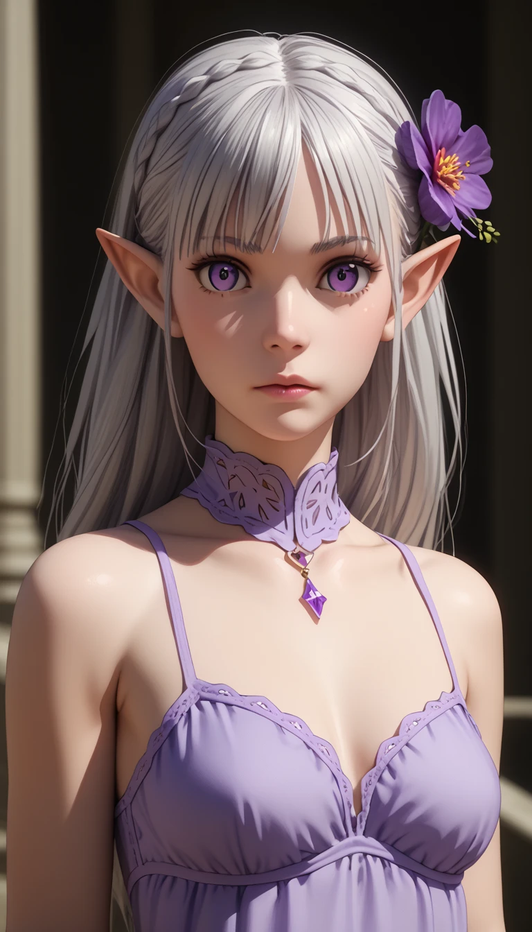 1girl, silver hair, purple eyes, pointy ears, hair flower, detailed, realistic, 3d