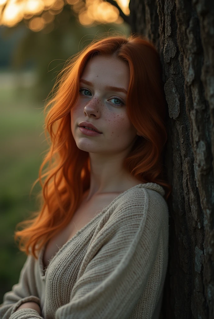 (8k, RAW photo, highest quality) depth of field, bokeh, 8K, HDR, cinematic rendering, a portrait of a 30-year-old redhead, framing from the navel, some small freckles, dressed in a ragged nightie, straps dropped, peeled, leaning against a tree in the wilderness, goosebumps, cinematic, faded colors, dark shot, muted colors, grainy film, read, crazy details, intricate details, hyperdetailed, sunset, shyness, seduction, romance, looks at the camera lens lovingly, no visible hand