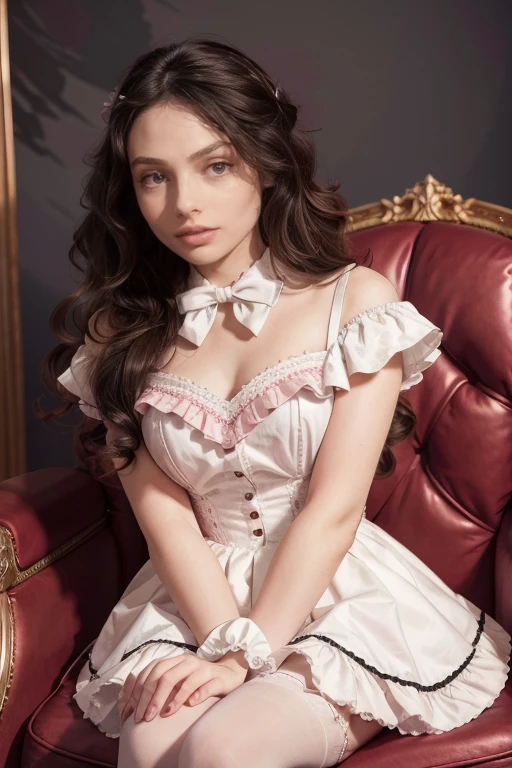 age 25, 8k (High definition), heavy make up, rosey pink cheeks, long eyelashes, goth makeup, wearing a frilly white lolita dress, sissy, high petticoat skirt, bow in her hair, bow in her hair, white stockings, high heels, dressed in a school girl uniform, Caucasian skin, long brown hair, hair stylized wavy fresh out of the salon, very long curly dark brown hair, small perky breasts, sitting back in a salon chair, pink salon background