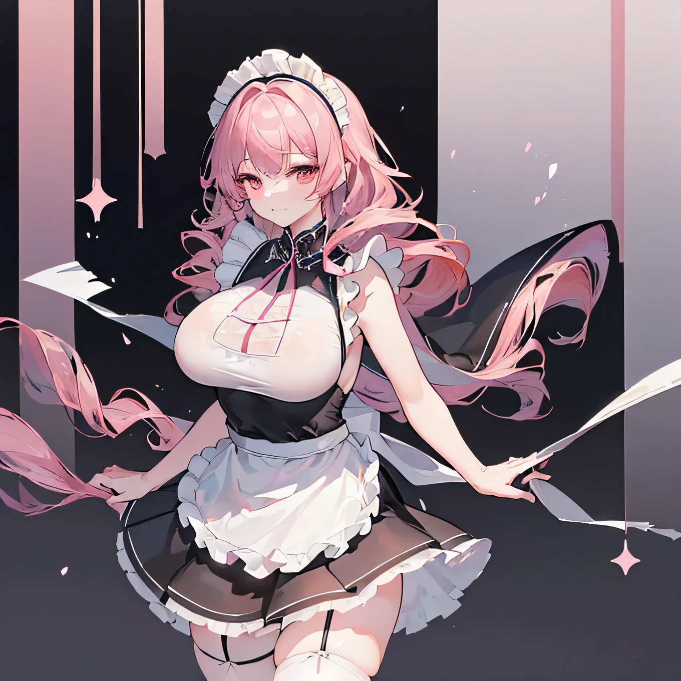 ( Masterpiece ), ( best quality), ( super detailed), Glamorous woman 、 A plump woman、 One Mature Woman 、(((Big Breasts、Maid、Black maid outfit、 Sleeveless Maid Outfit、 Tight length Skirt 、 White Apron Dress 、 slit skirt 、 black stockings 、 Pink Hair、 length, wavy hair )))、smile、 ((( Bend Over to Watch Viewers ) ))、#woman、 do、transparent body stockings see-through, body stockings 、 Frontal Angle