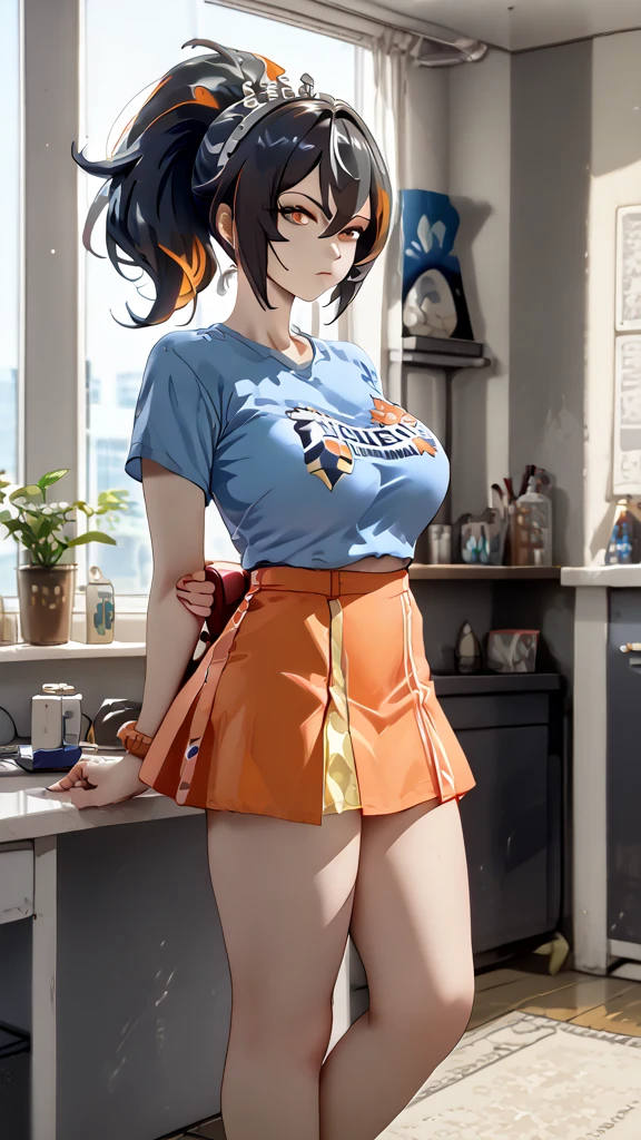 ((best quality)), masterpiece,A full-body depiction of Zhu Yuan from Zenless Zone Zero, with ponytail hair featuring black hair, STREAKED HAIR AT THE MIDDLE HAIR. She possesses a perfect body with notably large breasts, standing upright and making direct eye contact with the viewer. Zhu Yuan is dressed in an orange slim-fit t-shirt and a skirt, with her arms elegantly positioned behind her back, showcasing long, enticing legs.