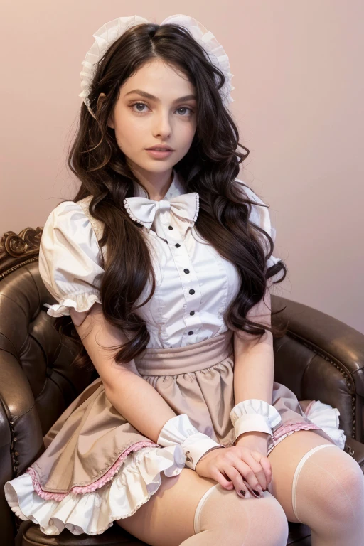 age 25, 8k (High definition), heavy make up, rosey pink cheeks, long eyelashes, goth makeup, wearing a frilly white lolita dress, sissy, high petticoat skirt, bow in her hair, bow in her hair, white stockings, high heels, dressed in a school girl uniform, Caucasian skin, long brown hair, hair stylized wavy fresh out of the salon, very long curly dark brown hair, small perky breasts, sitting back in a salon chair, pink salon background