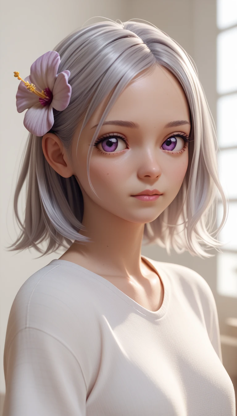 1girl, silver hair, purple eyes, cute, teen, hair flower, detailed, 3d