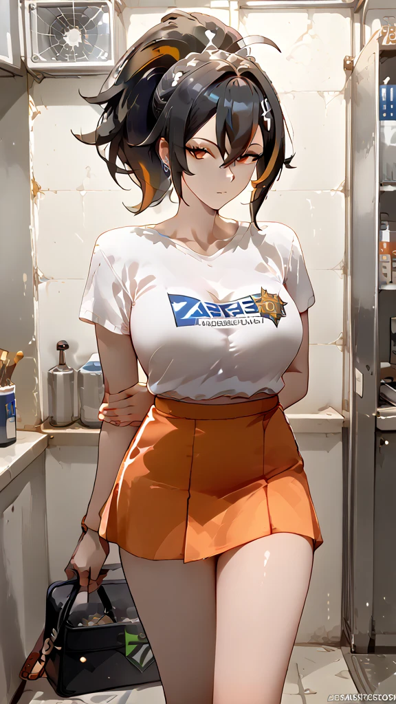 ((best quality)), masterpiece,A full-body depiction of Zhu Yuan from Zenless Zone Zero, with ponytail hair featuring black hair, STREAKED HAIR AT THE MIDDLE HAIR. She possesses a perfect body with notably large breasts, standing upright and making direct eye contact with the viewer. Zhu Yuan is dressed in an orange slim-fit t-shirt and a skirt, with her arms elegantly positioned behind her back, showcasing long, enticing legs.