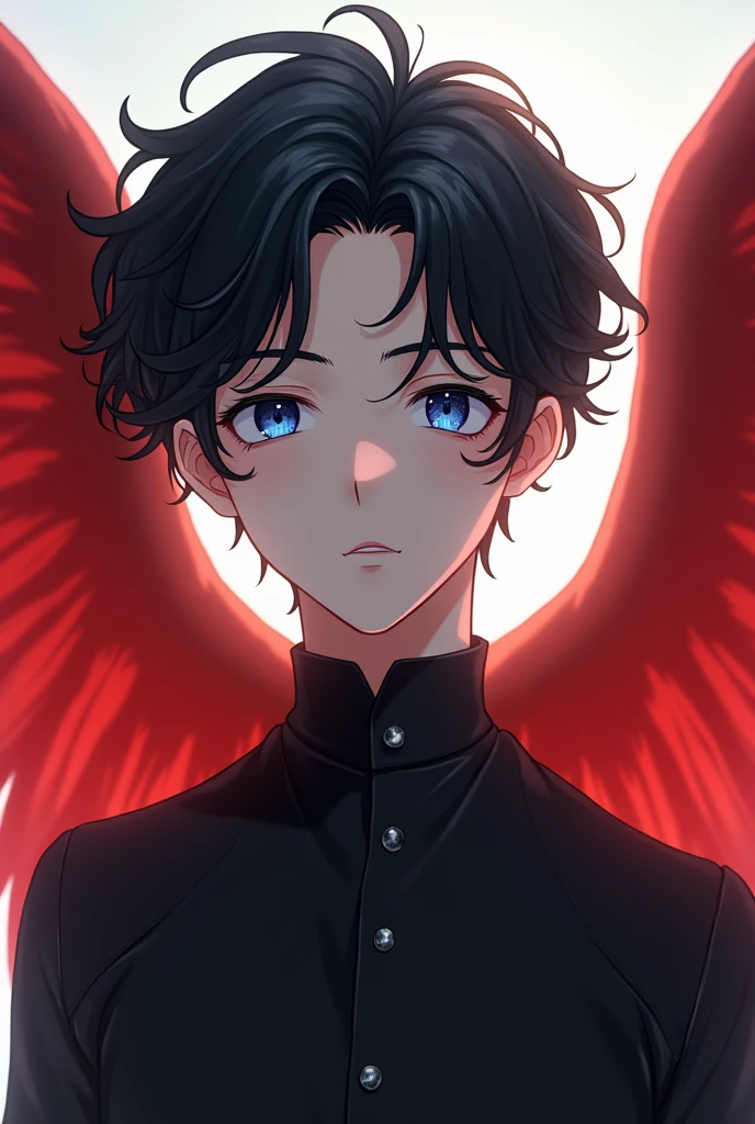 A 16 year old boy, dressed like a soldier but in a black uniform, with a soldier&#39;s weapon, with dark brown hair and dark blue eyes, look and smiling expression a little psychopathic, with blood stains on the face, with black gloves, anime style, He looks slightly annoyed but smiles with an air of superiority and his face is slightly shadowed., her pupils of eyes like red diamonds, Anime style the boy, that is in a dark, with angel wings