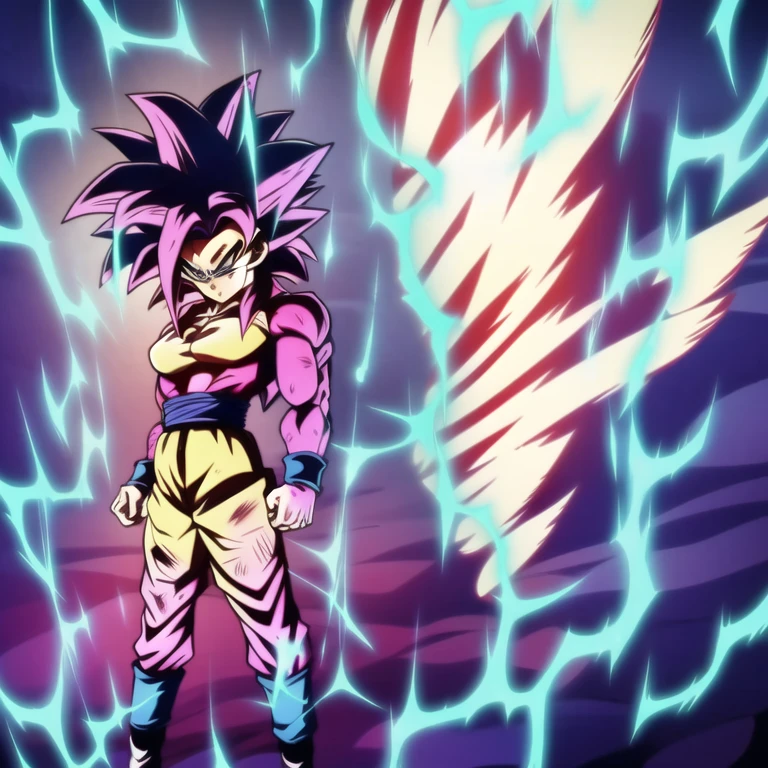 dbsuper style, 
Petite Girl, green aura, super saiyan aura, belt, purple colored hair, huge hair, bruise, bruise on face, clenched hands, frown, Mage's hat, gloves, blue eyes, grey gloves, evil grin, medium breasts, petite, soft muscles, solo, spiked hair, super saiyan, super saiyan 4, mouth opened, furious,  Magician clothes,large skirt with under shorts, Super Saiyan 2' aura
, ((masterpiece)) 
