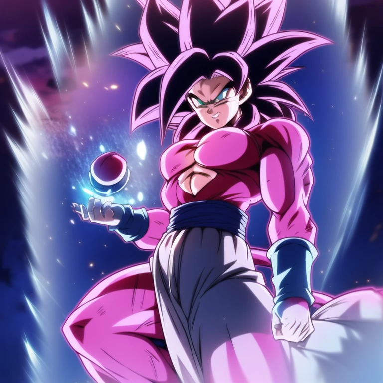 dbsuper style, 
Petite Girl, green aura, super saiyan aura, belt, purple colored hair, huge hair, bruise, bruise on face, clenched hands, frown, Mage's hat, gloves, blue eyes, grey gloves, evil grin, medium breasts, petite, soft muscles, solo, spiked hair, super saiyan, super saiyan 4, mouth opened, furious,  Magician clothes,large skirt with under shorts, Super Saiyan 2' aura
, ((masterpiece)) 
