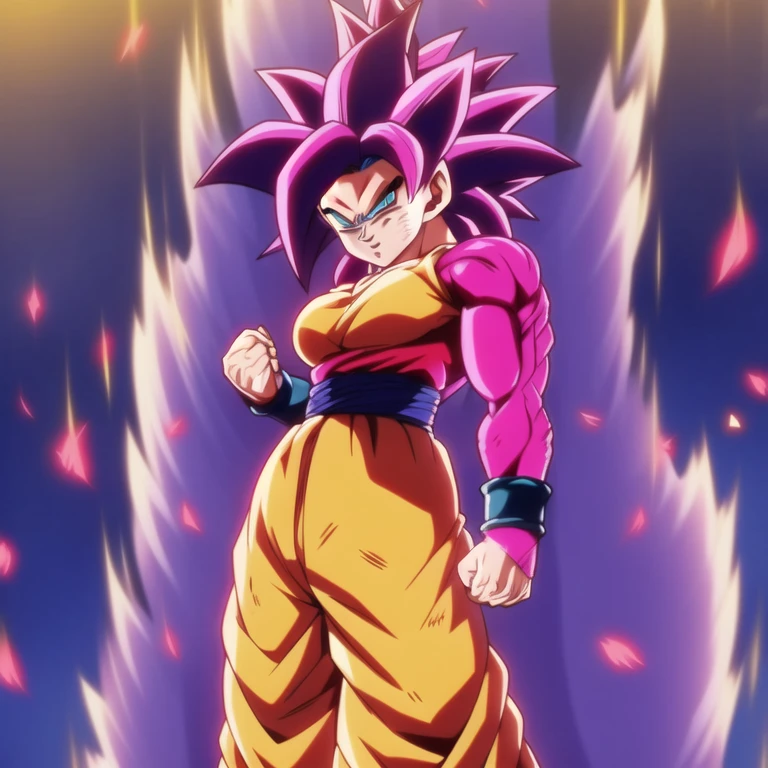 dbsuper style, 
Petite Girl, green aura, super saiyan aura, belt, purple colored hair, huge hair, bruise, bruise on face, clenched hands, frown, Mage's hat, gloves, blue eyes, grey gloves, evil grin, medium breasts, petite, soft muscles, solo, spiked hair, super saiyan, super saiyan 4, mouth opened, furious,  Magician clothes,large skirt with under shorts, Super Saiyan 2' aura
, ((masterpiece)) 
