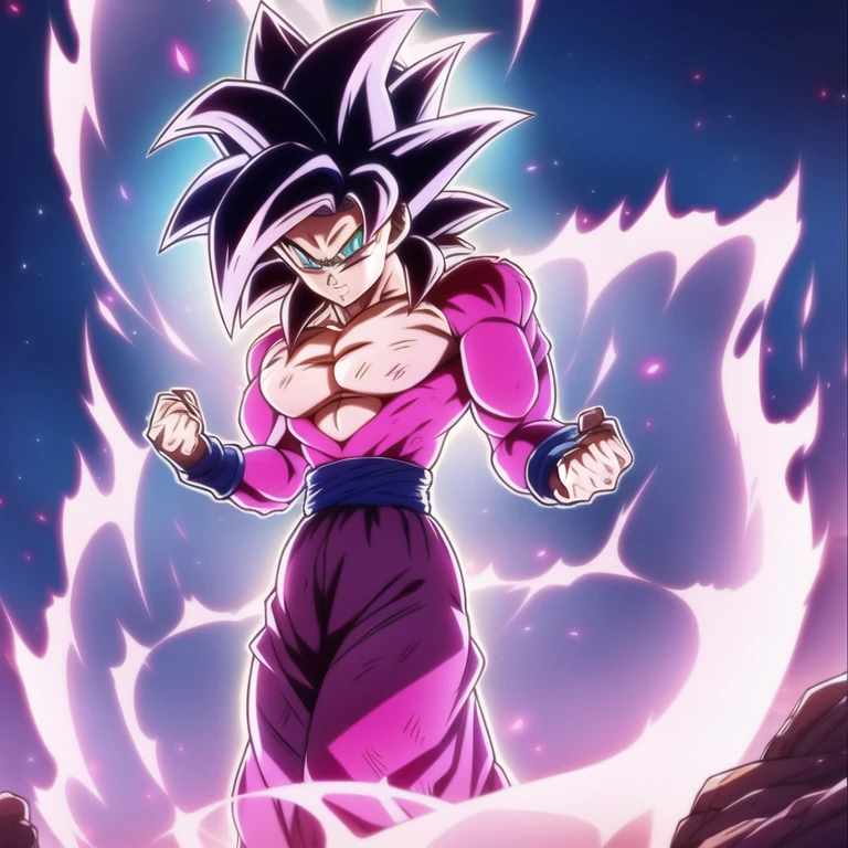 dbsuper style, 
Petite Girl, green aura, super saiyan aura, belt, purple colored hair, huge hair, bruise, bruise on face, clenched hands, frown, Mage's hat, gloves, blue eyes, grey gloves, evil grin, medium breasts, petite, soft muscles, solo, spiked hair, super saiyan, super saiyan 4, mouth opened, furious,  Magician clothes,large skirt with under shorts, Super Saiyan 2' aura
, ((masterpiece)) 
