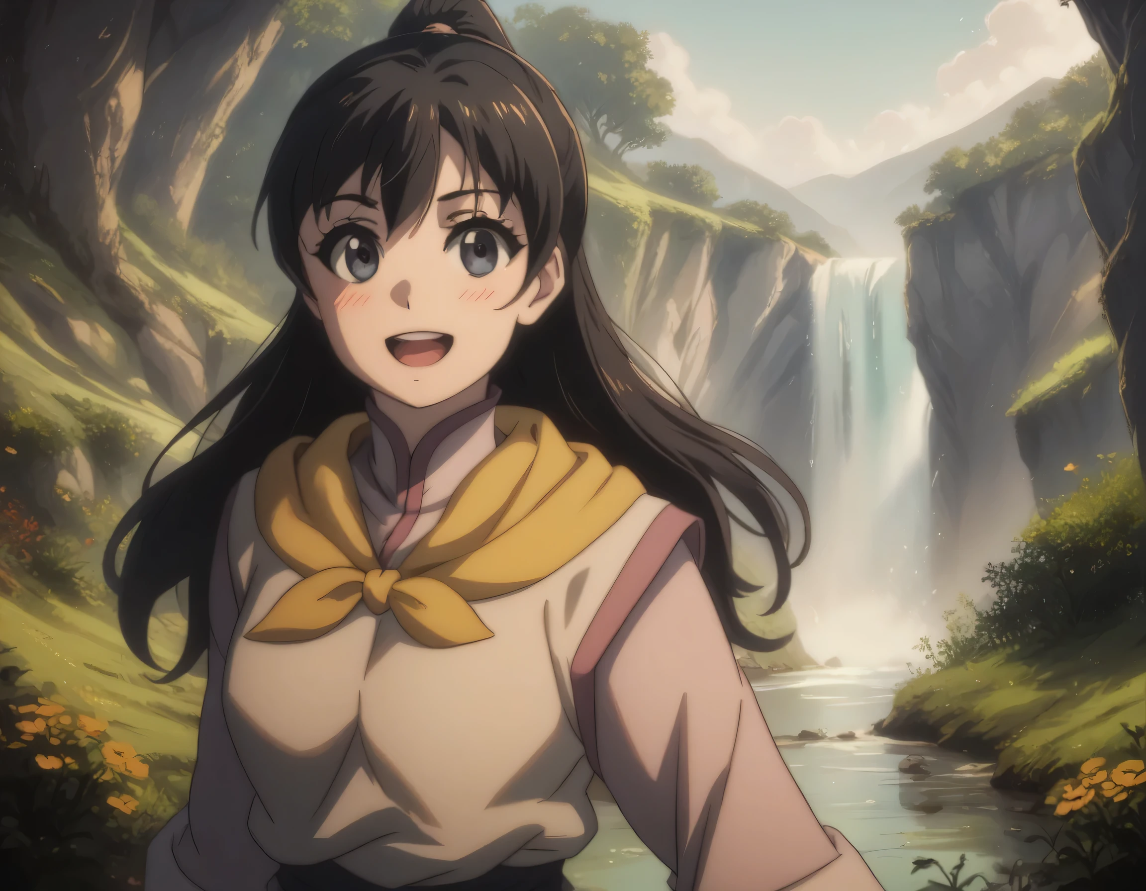 Anime girl with long hair and a bow in front of a waterfall - SeaArt AI