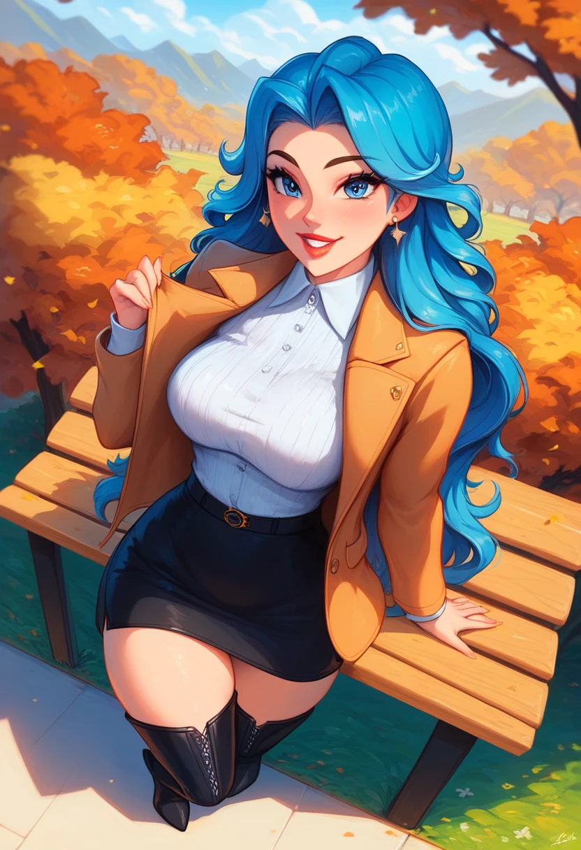   masterpiece , CRU,  beautiful art, professional artist, 8k,  art style by sciamano240 ,  very detailed face ,  very detailed hair , 1 woman, perfectly dCRUn body, beautiful face,  long hair, Gradient blue hair  ,  very detailed blue eyes  ,  pink cheeks ,  intricate details on the eyes ,  playful smile ,  looking directly at the spectator ,  passionate expression of the spectator , black shock, lipstick, wearing cute autumn clothes, jacket, sweater, short white pencil skirt  ,thigh boots,  full body view , standing,  one foot on the park bench ,  sunny day autumn scenery ,  focus on feet