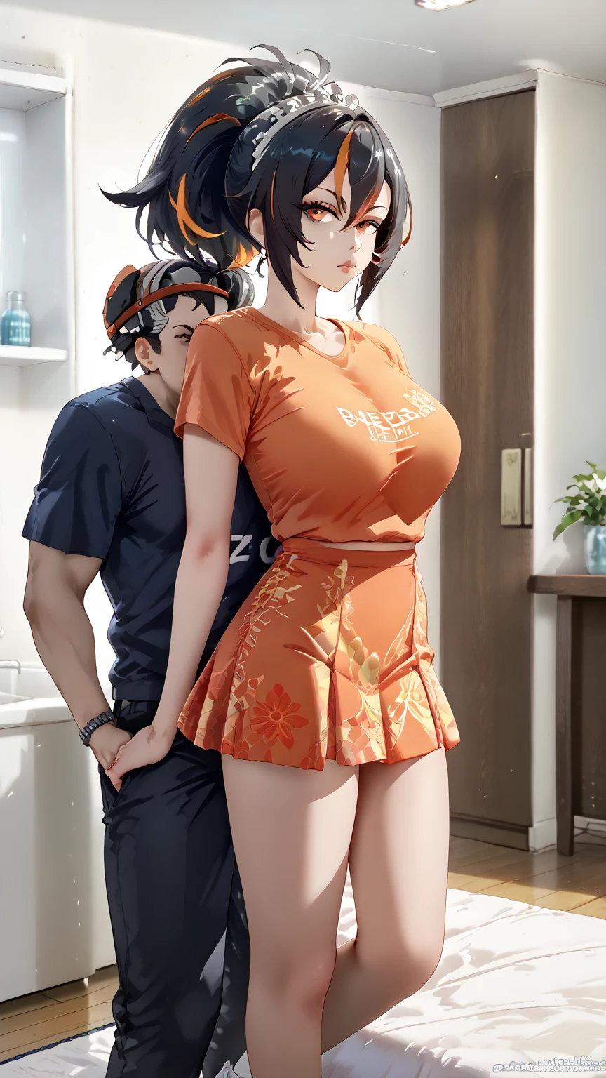 ((best quality)), masterpiece,A full-body depiction of Zhu Yuan from Zenless Zone Zero, with ponytail hair featuring black hair, STREAKED HAIR AT THE MIDDLE HAIR. She possesses a perfect body with notably large breasts, standing upright and making direct eye contact with the viewer. Zhu Yuan is dressed in an orange slim-fit t-shirt and a skirt, with her arms elegantly positioned behind her back, showcasing long, enticing legs.