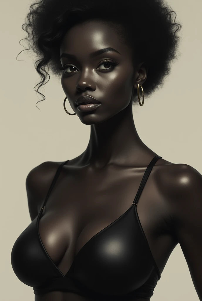 A black woman in a black bra and bra stands in front of a brown background.
