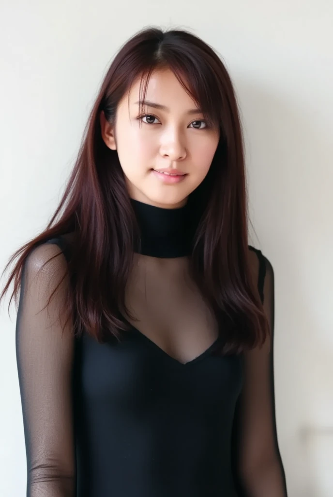 8k, RAW Photo, Best Quality, Masterpiece:1.2),(Realistic, photo-realistic:1.37), Super Detail, Wearing black pantyhose,She is wearing tight thin fitting transparent black long sleeve turtleneck, no skirts, transparent, cinematic lighting, sexy pose, monotone background, facing front, smiling, standing , dressed up to the belly button, dressed up to the neck
