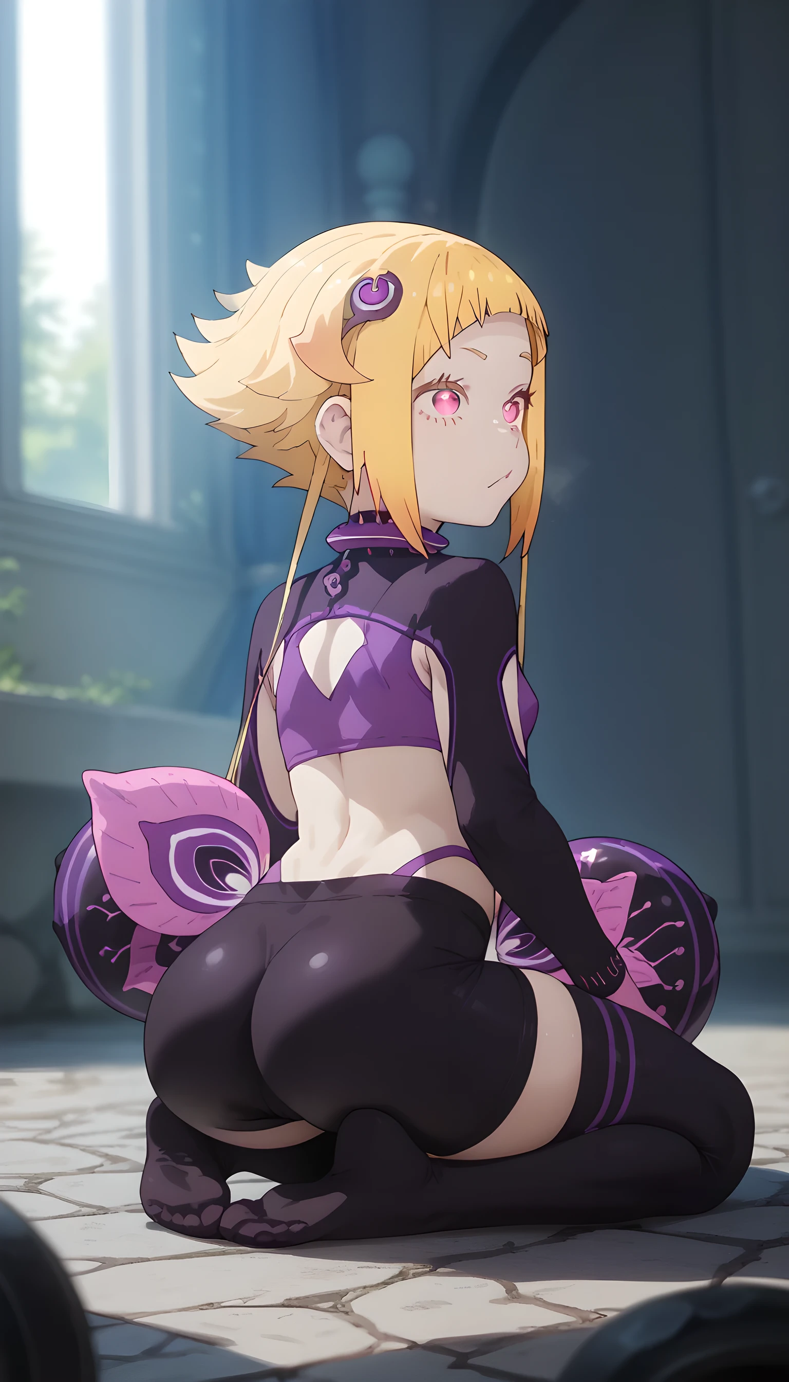 1girl, yellow hair, stockings, loli, purple brassiere, magenta eyes, kneeling, big ass, bike shorts