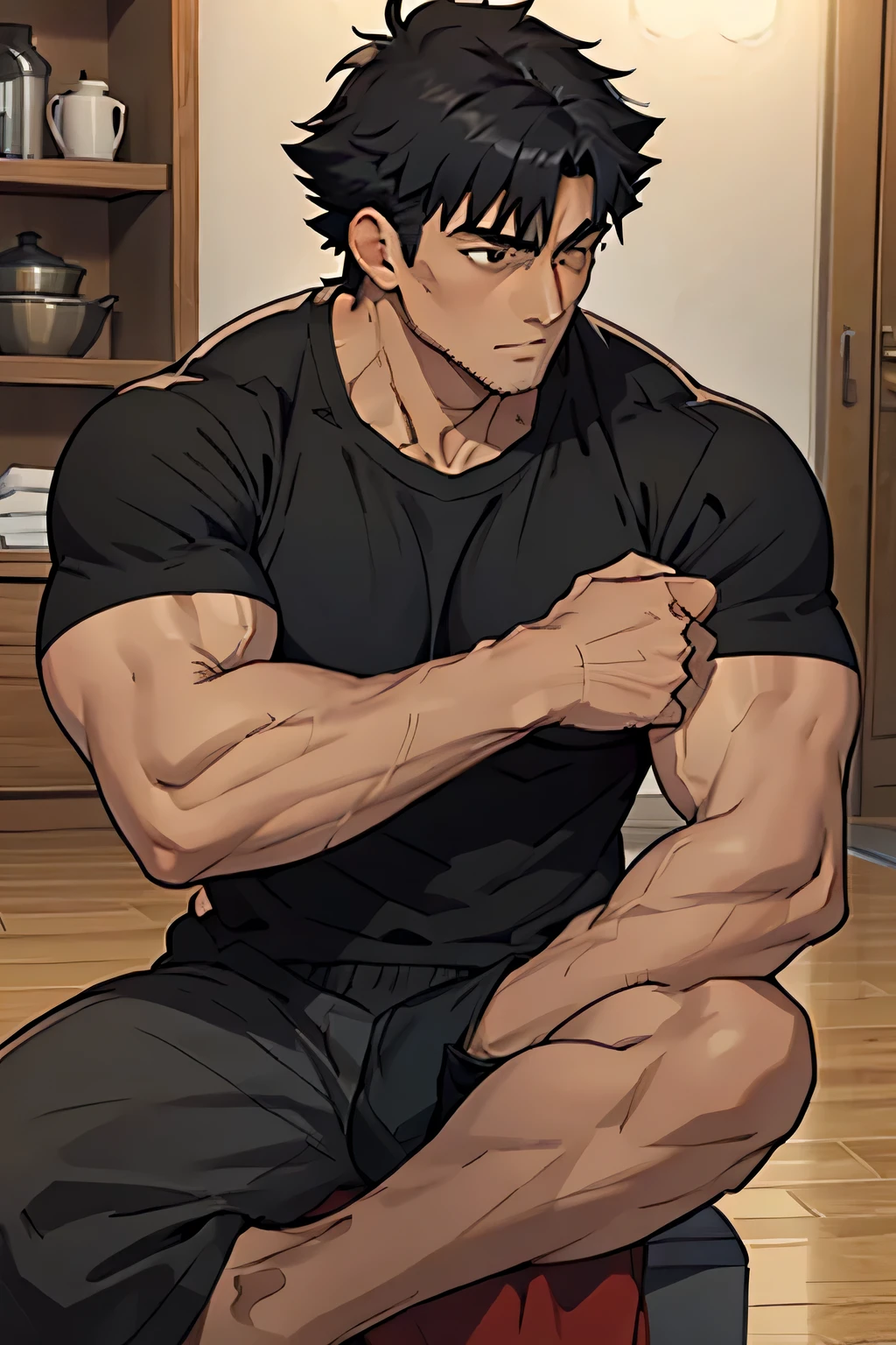 Kiritsugu is sitting and flexing his buff biceps and thighs. He wears black short boxershorts. You can see his thighs completely. He is wearing a black tshirt with short sleeves. His sleeve is rolled up completely, so you can see his entire arm and shoulder. He is admiring his arms. He has a huge bulge. You can see his abs too.