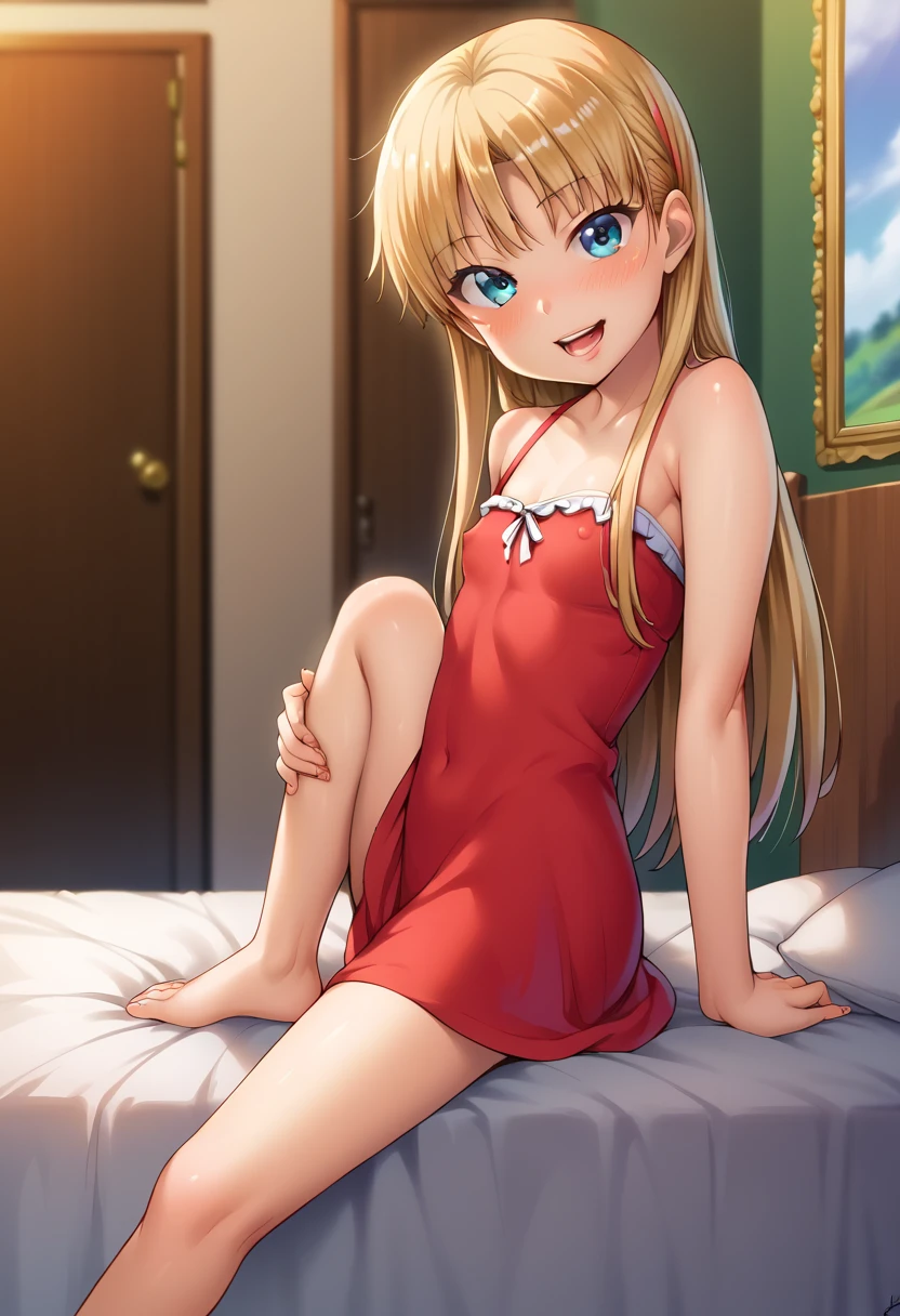 (( best quality)), ((masterpiece)), (be familiar with),  perfect face, indoor, bedroom,  viewer,
One woman,  Yukiko Aikina,
 open mouth,  ecstatic expression with hands in front of body, blush, smile,
Small breasts,  flat chested, Young girl, Lori,  kids,  girl,
 long hair,  Long Hair,
Leg spread,