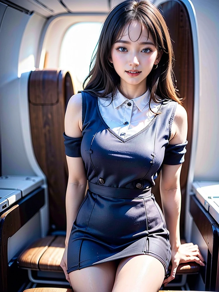 top-quality, ​masterpiece, 8K, 超A high resolution, (Photorealsitic:1.4), 1girl in、beautiful countenance、symmetrical eye、Colossal tits、Perfect body proportion、Stewardess uniform、Look at viewers、(Inside the plane:1.2)、front-facing view、Shoulder、Absolute area(1.3)、A smile　erotic school uniform　Very short microskirt