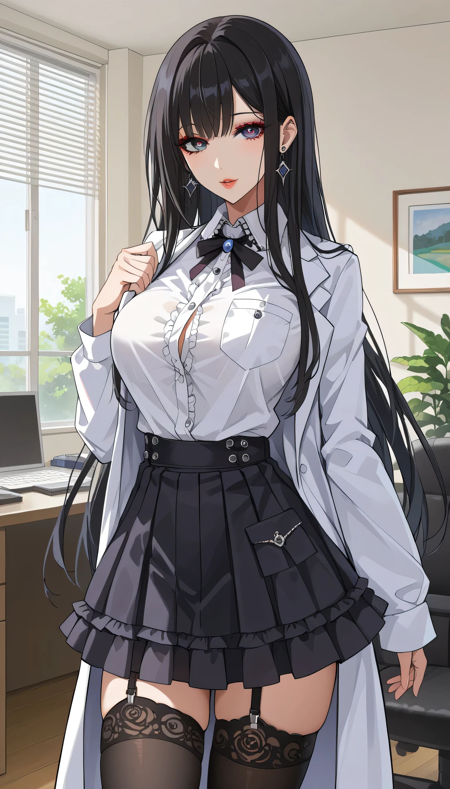  score_9,  score_8_up,  score_7_up,  source_Anime,masterpiece、、Put on a white coat、doctor、 office、office、 No Emotion、 no makeup、 best quality, beautifully detailed eyes ,  Beautiful Detailed Lips、 highly detailed eyes and face,Unmotivated look、Apathetic face、 long breasts, 1 female, Put on a white coat、Grey dress shirt、 Gothic ta Shirt Under a White Coat、 Grey Gothic Lolihirt 、Black Gothic Lolita S 、 Grey Gothic Lolita Shirtlack Gothic Lolita Skirt 、 MSkirt、 short skirt  , Big saggy breasts, shockingly  Big Breasts ,  Big Breasts , room,Big Breasts、 boobs 、 zitales, makeup、 no makeup、 black hair、 Long Hair、Smooth straight hair、 black stockings 、 garter belt 、黒の garter belt 