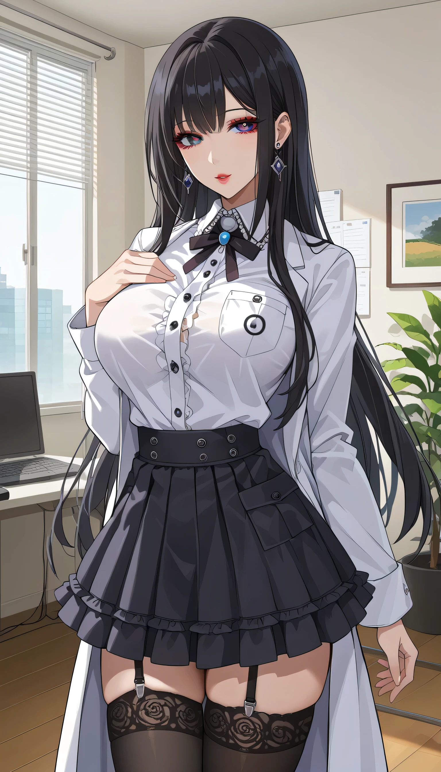  score_9,  score_8_up,  score_7_up,  source_Anime,masterpiece、、Put on a white coat、doctor、 office、office、 No Emotion、 no makeup、 best quality, beautifully detailed eyes ,  Beautiful Detailed Lips、 highly detailed eyes and face,Unmotivated look、Apathetic face、 long , 1 female, Put on a white coat、Grey dress shirt、 Gothic Lolita Shirt Under a White Coat、 Grey Gothic Lolita Shirt 、Black Gothic Lolita Skirt 、 Grey Gothic Lolita Shirts、 Black Gothic Lolita Skirt 、 Mini Skirt、 short skirt  , Big saggy , shockingly   ,   , room,Big 、  、 zitales, makeup、 no makeup、 black hair、 Long Hair、Smooth straight hair、 black stockings 、 garter belt 、黒の garter belt 