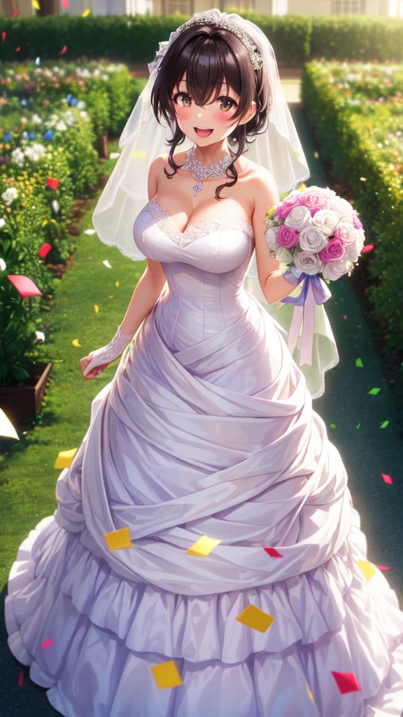 (masterpiece, best quality, high quality, girl, solo, looking at viewer, ryuuto_kashima, black hair, brown eyes, large breasts, wedding Dress, standing, garden, confetti, holding bouquet, smile, open mouth,