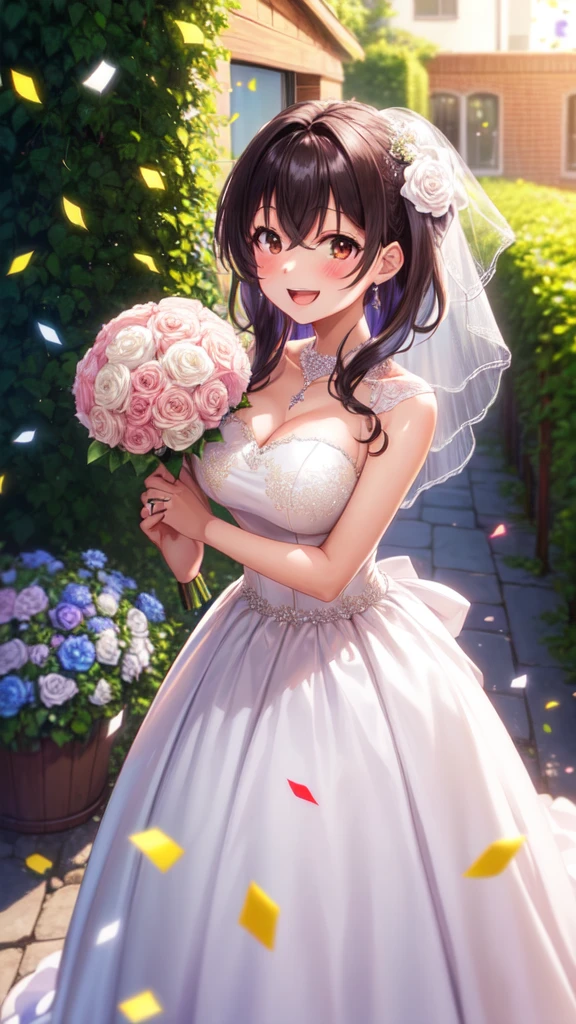 (masterpiece, best quality, high quality, girl, solo, looking at viewer, ryuuto_kashima, black hair, brown eyes, large breasts, wedding Dress, standing, garden, confetti, holding bouquet, smile, open mouth,