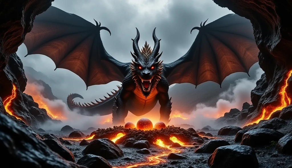 ((masterpiece)) ((photography)) ((Highest quality)) A realistic, cinematic depiction of a fire dragon with piercing red eyes and an aura of darkness. The dragon is hidden deep within a sinister volcanic cave, its scales glowing faintly with fiery hues. It guards its nest, which contains glowing eggs surrounded by cracks oozing lava. The atmosphere is intense and ominous, with molten rocks, volcanic smoke, and glowing lava rivers illuminating the dark cave. The dragon's powerful presence dominates the scene, with a menacing and protective posture.