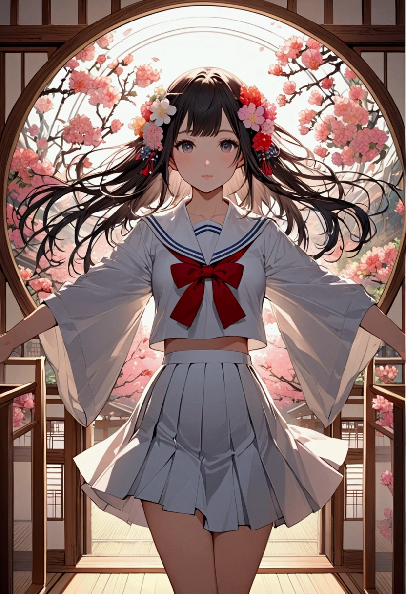 １人の Japanese Women ,  standing with open arms,  a world of absolute beauty ,  Japanese high school uniform ,  sailor suit ,  Japanese Women , beautiful, As lovely as a flower , 