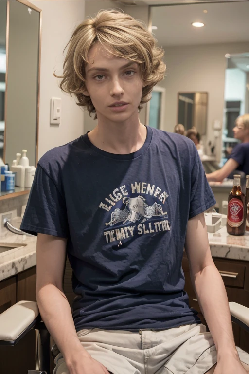 age 25, 8k (High definition), beer belly, facial hair chin, oversized t shirt, blue eyes, skinny nerd, slumped shoulders, shy, lanky, tall, skinny arms, long blonde drag queen wig on, Caucasian skin, hunched back, long neck, sitting in a salon chair for a haircut