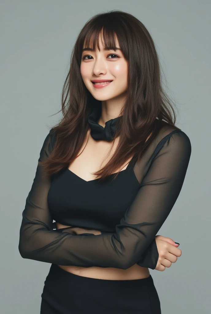 8k, RAW Photo, Best Quality, Masterpiece:1.2),(Realistic, photo-realistic:1.37), Super Detail, Wearing black pantyhose,She is wearing tight thin fitting transparent black long sleeve turtleneck, no skirts, transparent, cinematic lighting, sexy pose, monotone background, facing front, smiling, standing , dressed up to the belly button, dressed up to the neck
