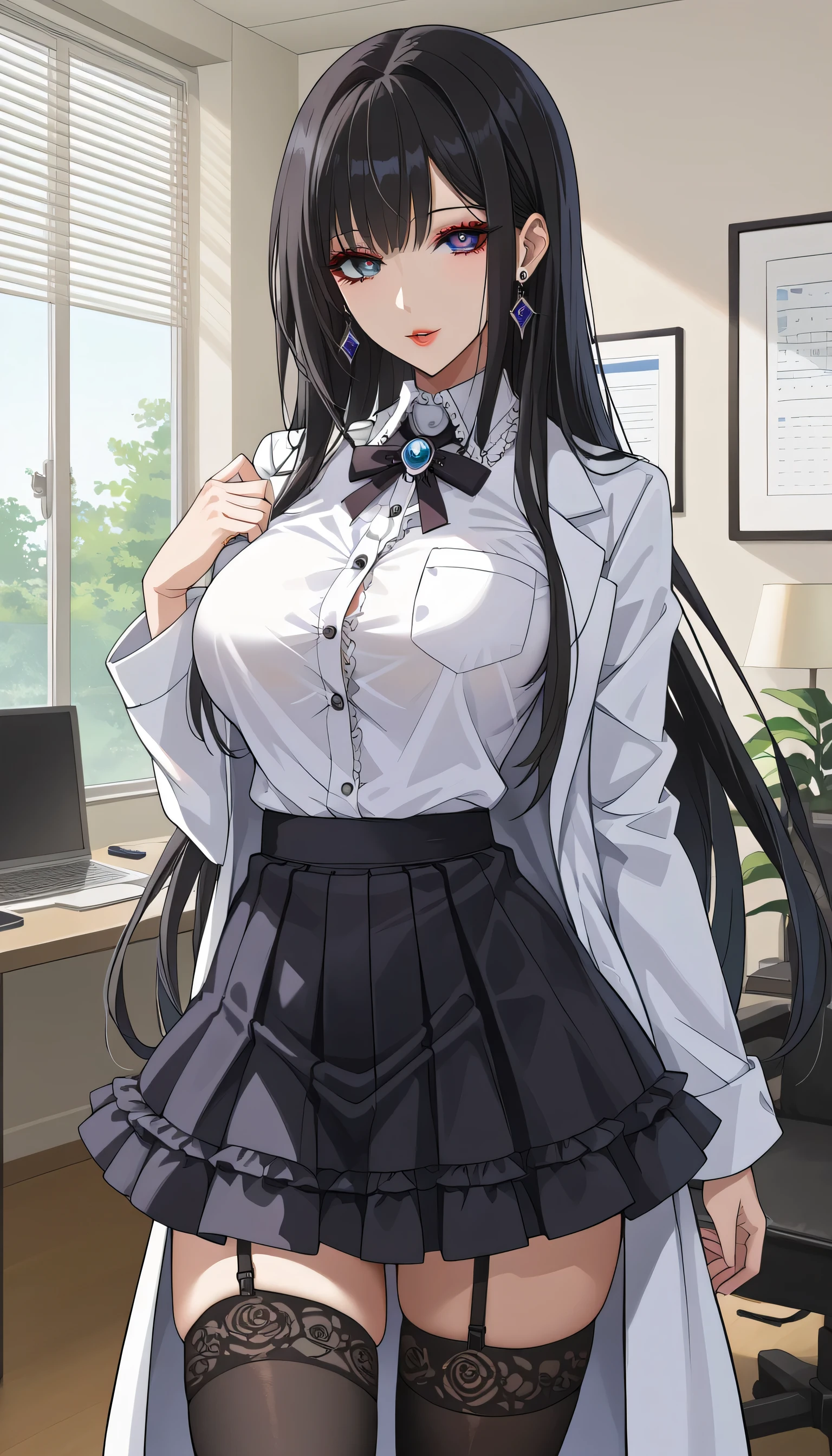 score_9, score_8_up, score_7_up, source_Anime,masterpiece、、Put on a white coat、doctor、 office、office、 No Emotion、 no makeup、 best quality, beautifully detailed eyes , Beautiful Detailed Lips、 highly detailed eyes and face,Unmotivated look、Apathetic face、 long breasts, 1 female, Put on a white coat、Grey dress shirt、 Gothic ta Shirt Under a White Coat、 Grey Gothic Lolihirt 、Black Gothic Lolita S 、 Grey Gothic Lolita Shirtlack Gothic Lolita Skirt 、 MSkirt、 short skirt , Big saggy breasts, shockingly Big Breasts , Big Breasts , room,Big Breasts、 boobs 、 zitales, makeup、 no makeup、 black hair、 Long Hair、Smooth straight hair、 black stockings 、 garter belt 、黒の garter belt
