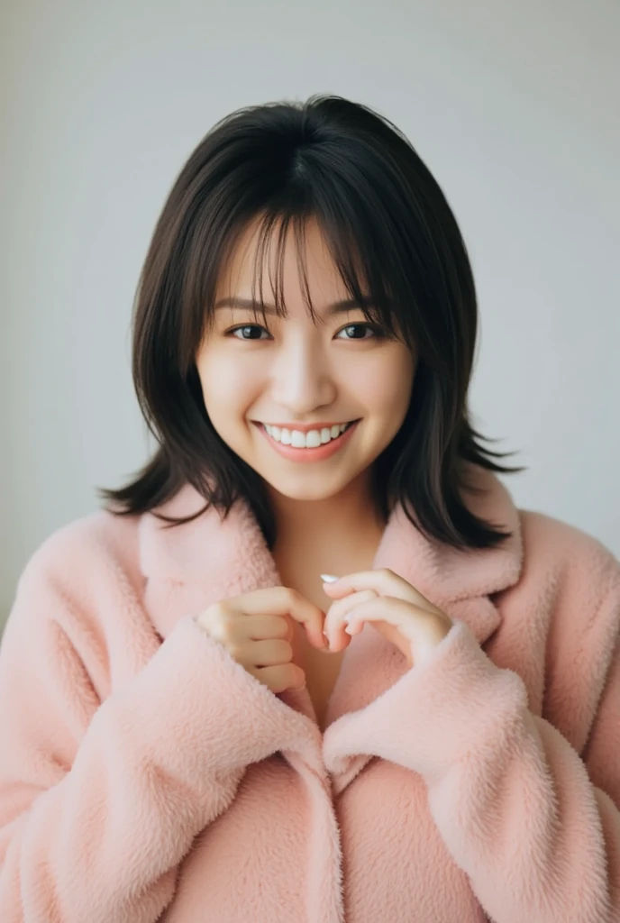 A smiling woman poses alone wearing pastel-colored pajamas that are soft and fluffy and conveys warmth just by touching them, making a firm, large heart shape with both hands, and holding them in front of her chest, View above collarbone、The background is a monotone 、
