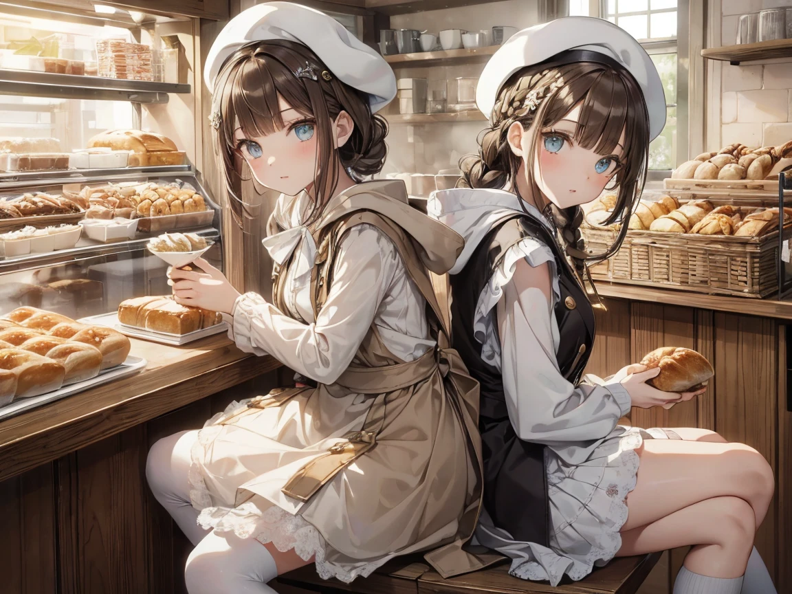 masterpiece, 1girl, sparrow, a brown haired girl, wearing a white medieval priestess clothes, curly short hair, messy hair, slim body, wearing golden capelet with hoody, he close her left eye, shirt ornament, aqua eyes, sho show her back, ahoge, black vest, baby ****, small breast, beautiful breasts, rounded breasts, braid hair, white beret, long sleeves, beautiful eyes, white stocking, cheerful eyes, skirt, brown skirt, plaid skirt, her age is , cheerful expression, she is a , she eat bread, she sit in the bakery