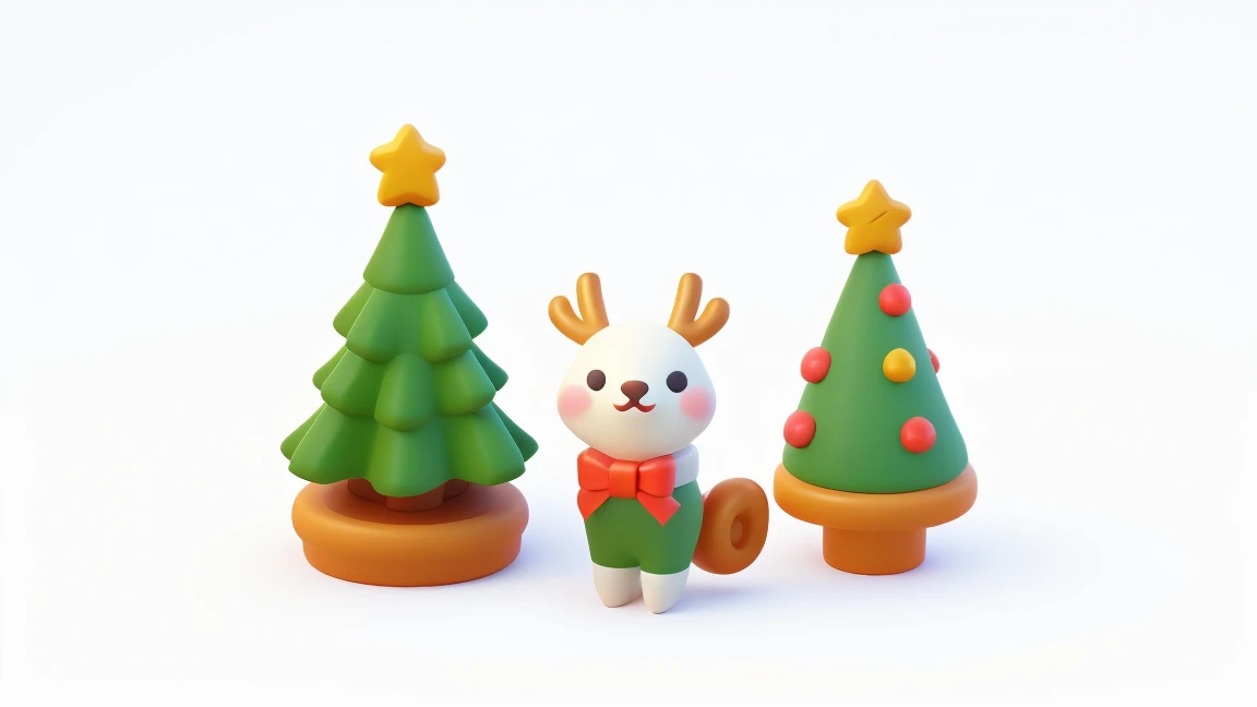 ((A small garden WITH CHRISTMAS TREE flower present green garden)) ((tori gate)) ((A REINDEER XMAS)) | ((GHIBLI STYLE)) ((KAWAII)) ((SUPER CUTE)) ((JAPAN MASCOT)) ((HAPPY))| ((masterpiece: 1.2) (actual: 1.2) (Bokeh) (best quality) (delicate skin: 1.3) (intricate details) (8k) (mascot) (sharp focus), (3d dzujian, 3D Rendering, 3D soft render, cute 3d render, soft 3d render, cute! smooth 3d render, stylized as a 3d render, stylized 3d render, adorable digital painting, cute detailed digital art) ((clean background, white background, blank background))