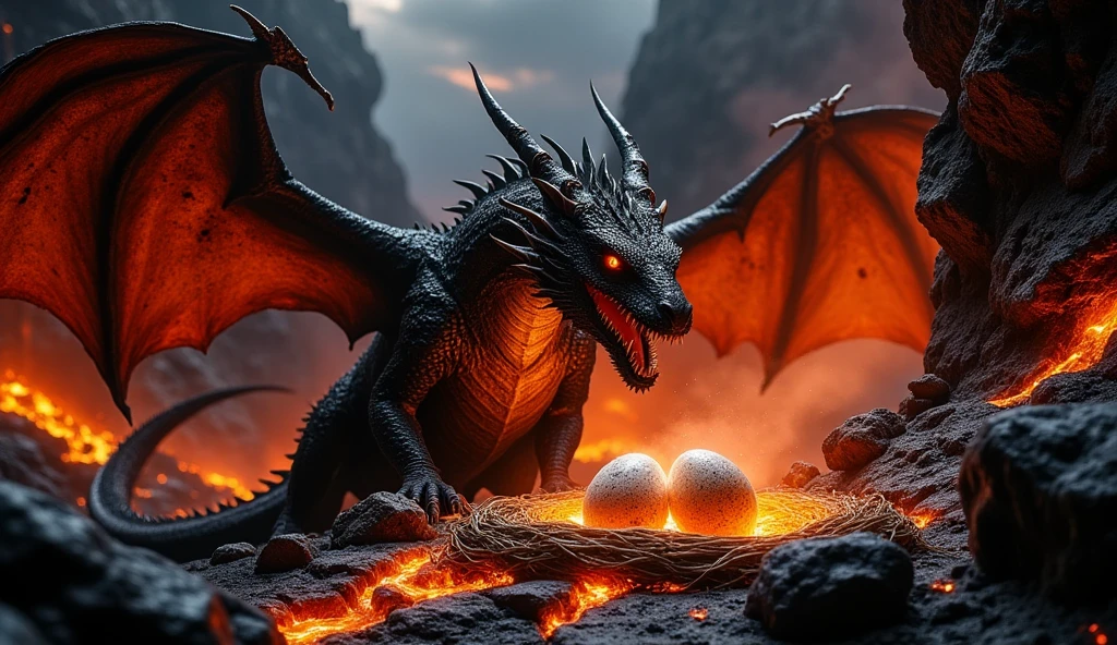 ((masterpiece)) ((photography)) ((Highest quality)) A realistic, cinematic depiction of a fire dragon with piercing red eyes and an aura of darkness. The dragon is hidden deep within a sinister volcanic cave, its scales glowing faintly with fiery hues. It guards its nest, which contains glowing eggs surrounded by cracks oozing lava. The atmosphere is intense and ominous, with molten rocks, volcanic smoke, and glowing lava rivers illuminating the dark cave. The dragon's powerful presence dominates the scene, with a menacing and protective posture.