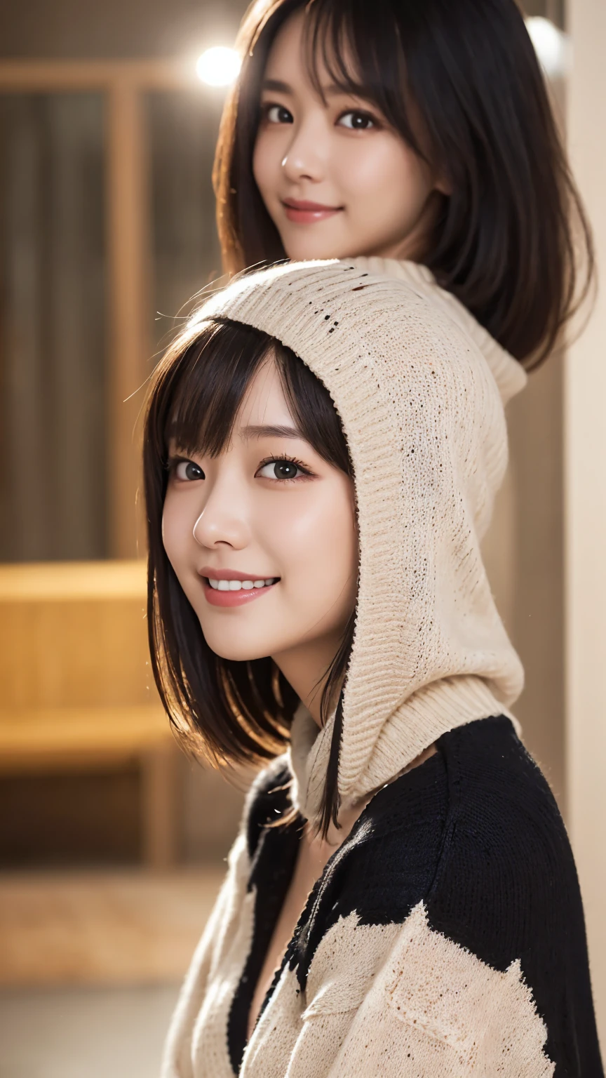 ( Thick Sweaters  : 1.5)、(( Extreme Close Up)) ((evening)) complex and beautiful eyes、woman、 Womanly black hair、((Short Hair))( dress : 1.6),  skirt、( Delicate and realistic hair、１Realistic hair)、bangs、  natural colored lips、(smile : 1.2)、((white indoor ))、((18歳woman:1.2))、   sit on the face of a young and adorable Japanese person,  Official Art，   very detailed CG unity 8k wallpaper，（masterpiece:1.0),( best quality:1.0), 超 View in high resolution ,4K,  Very detailed, photo shoot, 8k,  NFSDW    ,  View in high resolution ,   Kodak Portrait 400  ,   film grain,   Lens Flare Glow  ,高いest quality,8k, NFSDW    :1.2),    as a portrait shot ,8k、  viewer, (((Front View : 1.5))), ((facing))、 body facing forward、(Bold Cleavage : 1.3)、 (Tight chest : 1.3)、  small face ,  best quality、 Super beautiful images、stand up